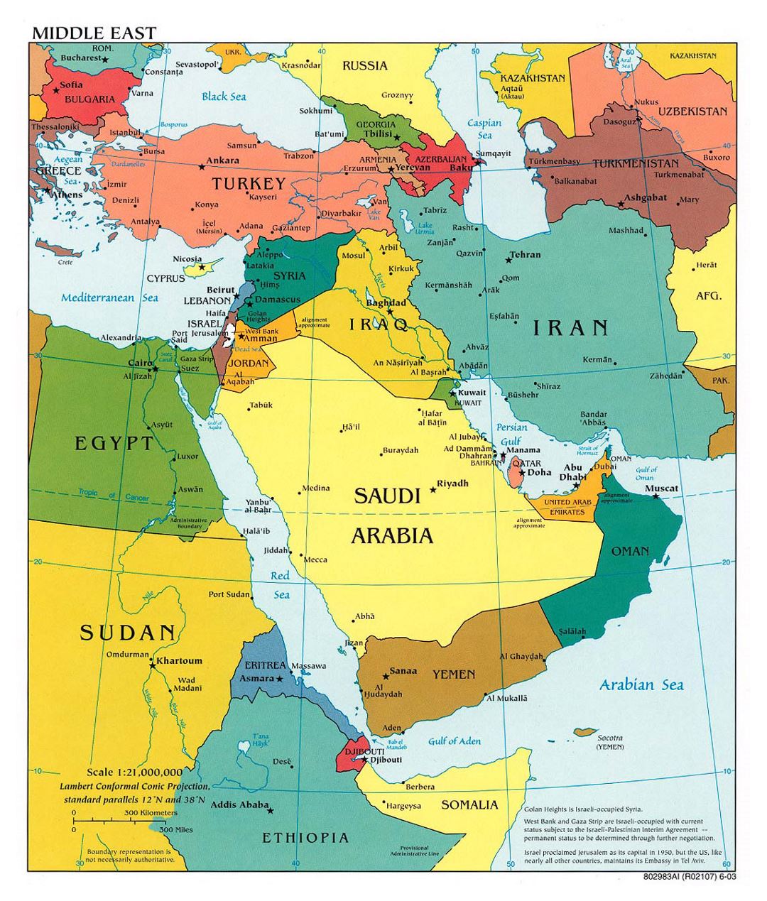 Large political map of the Middle East with major cities and capitals - 2003