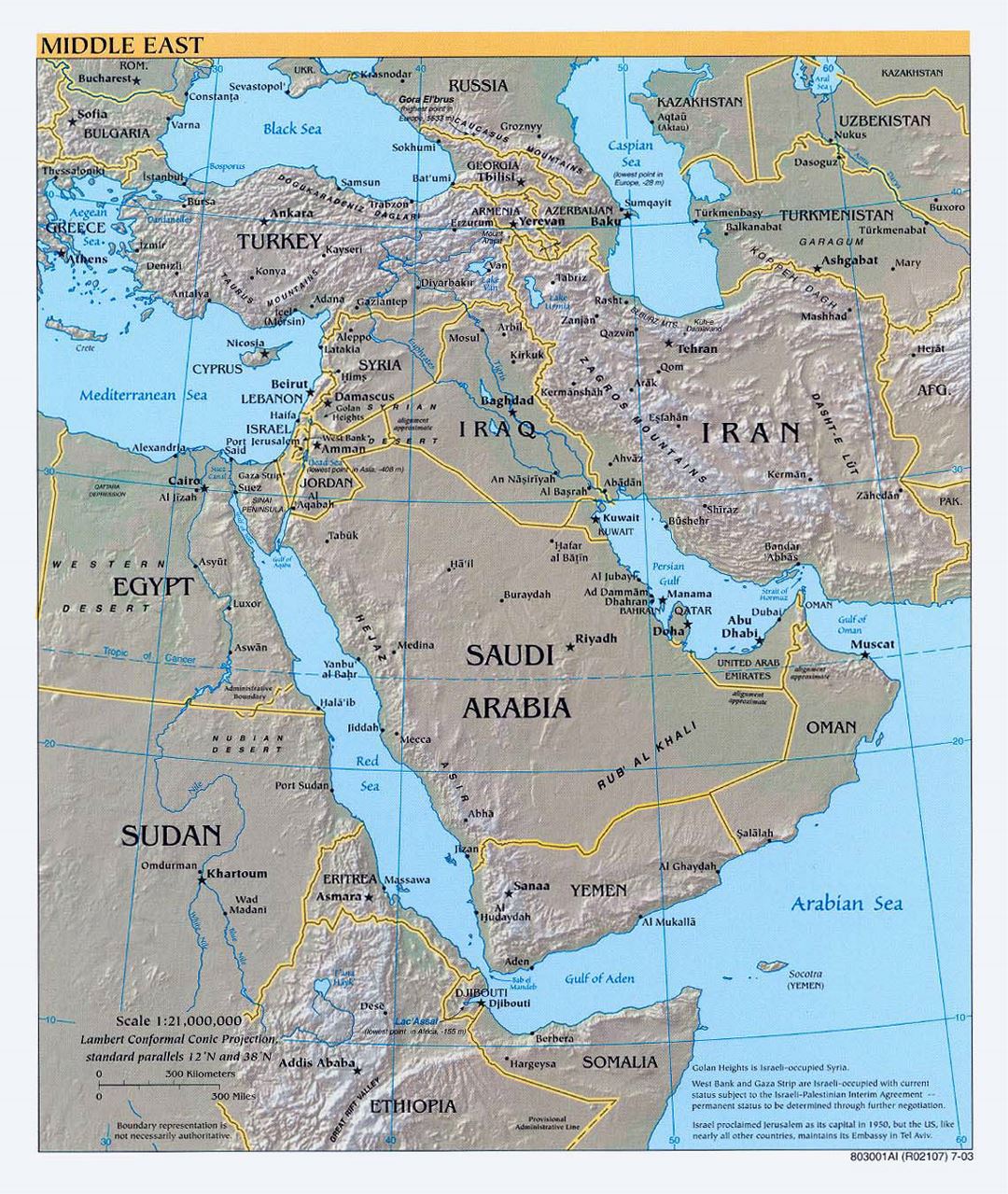 Large political map of the Middle East with relief, major cities and capitals - 2003