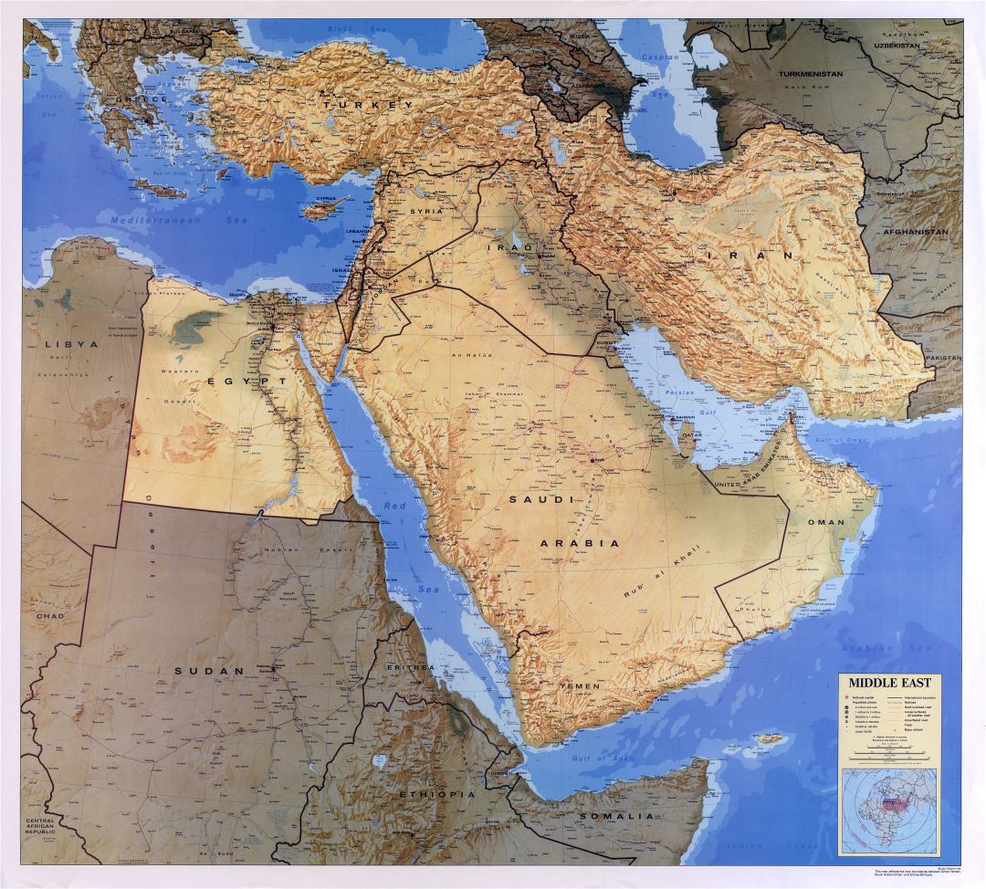 Large scale detailed map of the Middle East with relief, roads, railroads, cities and airports - 1993