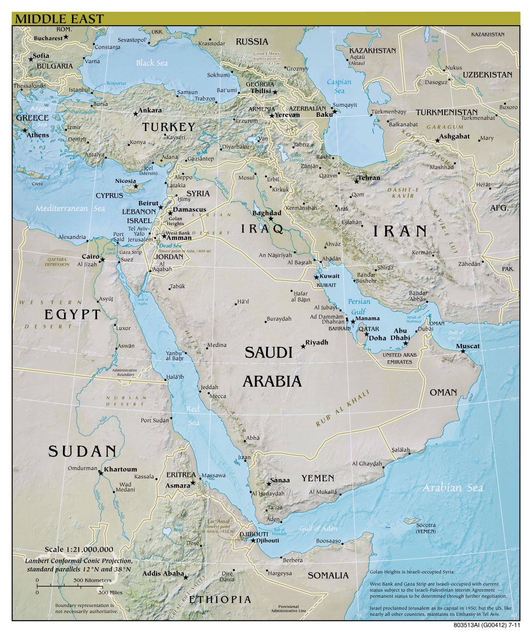 Large scale detailed political map of the Middle East with relief, major cities and capitals - 2011