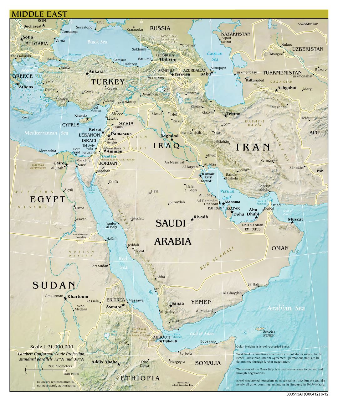 Large scale detailed political map of the Middle East with relief, major cities and capitals - 2012