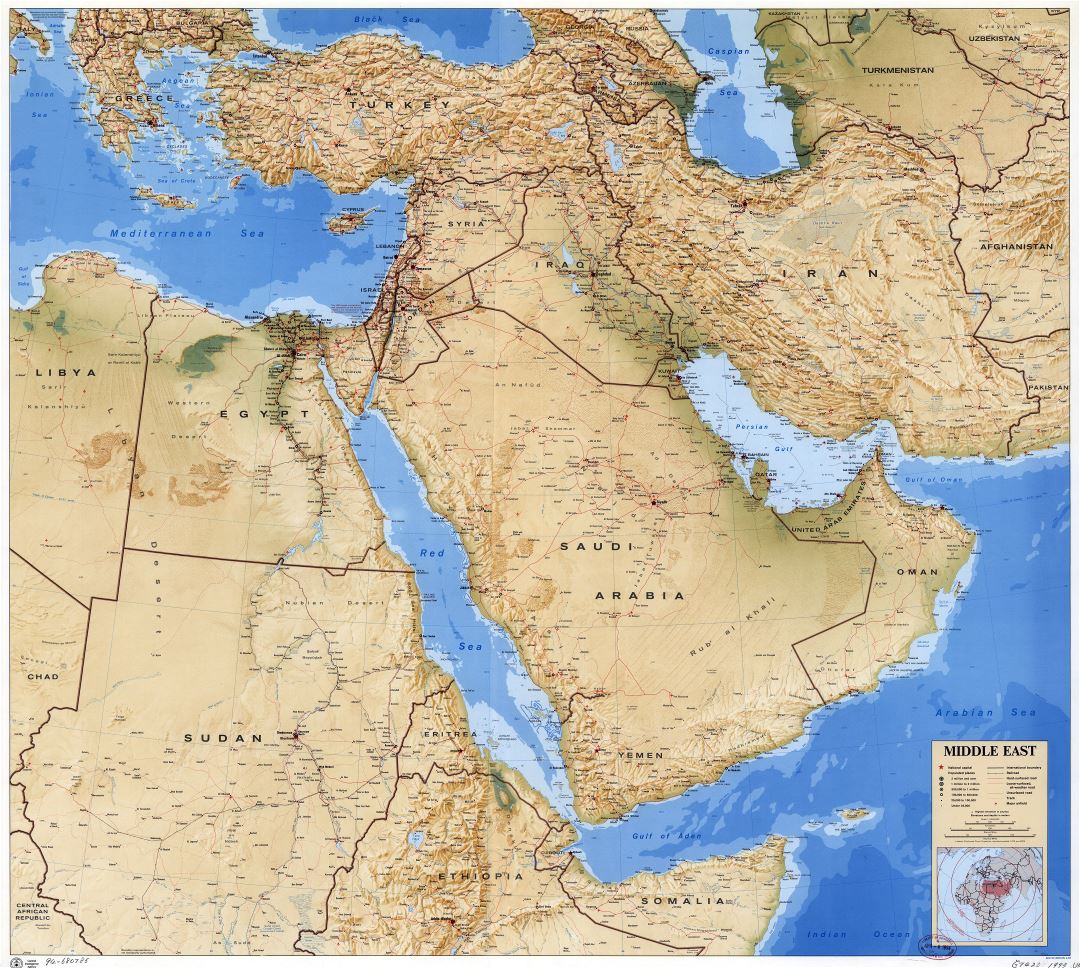 Large scale detailed political map of the Middle East with relief, roads, railroads, cities and airports - 1993