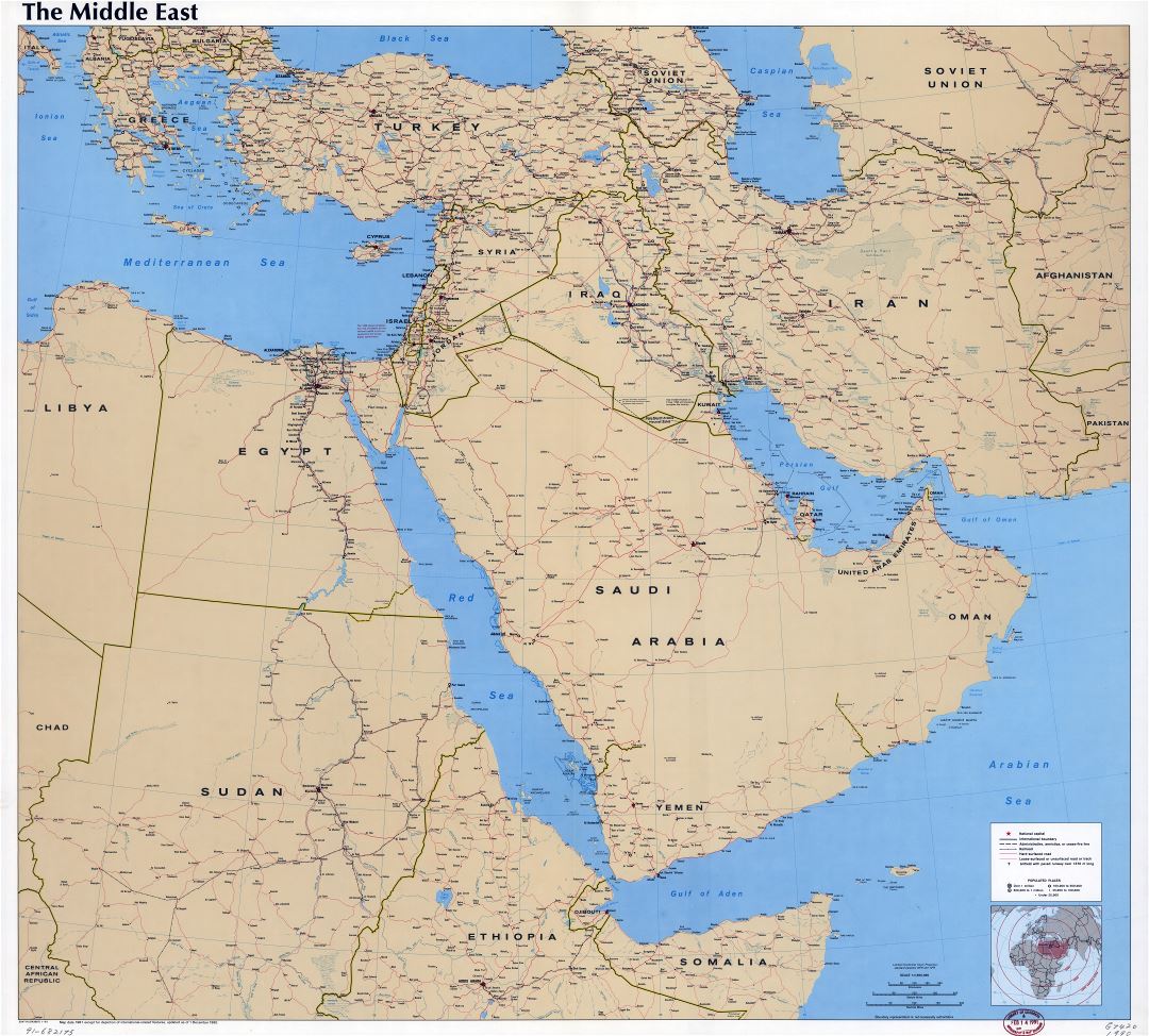 Large scale detailed political map of the Middle East with roads, railroads, cities and airports - 1990