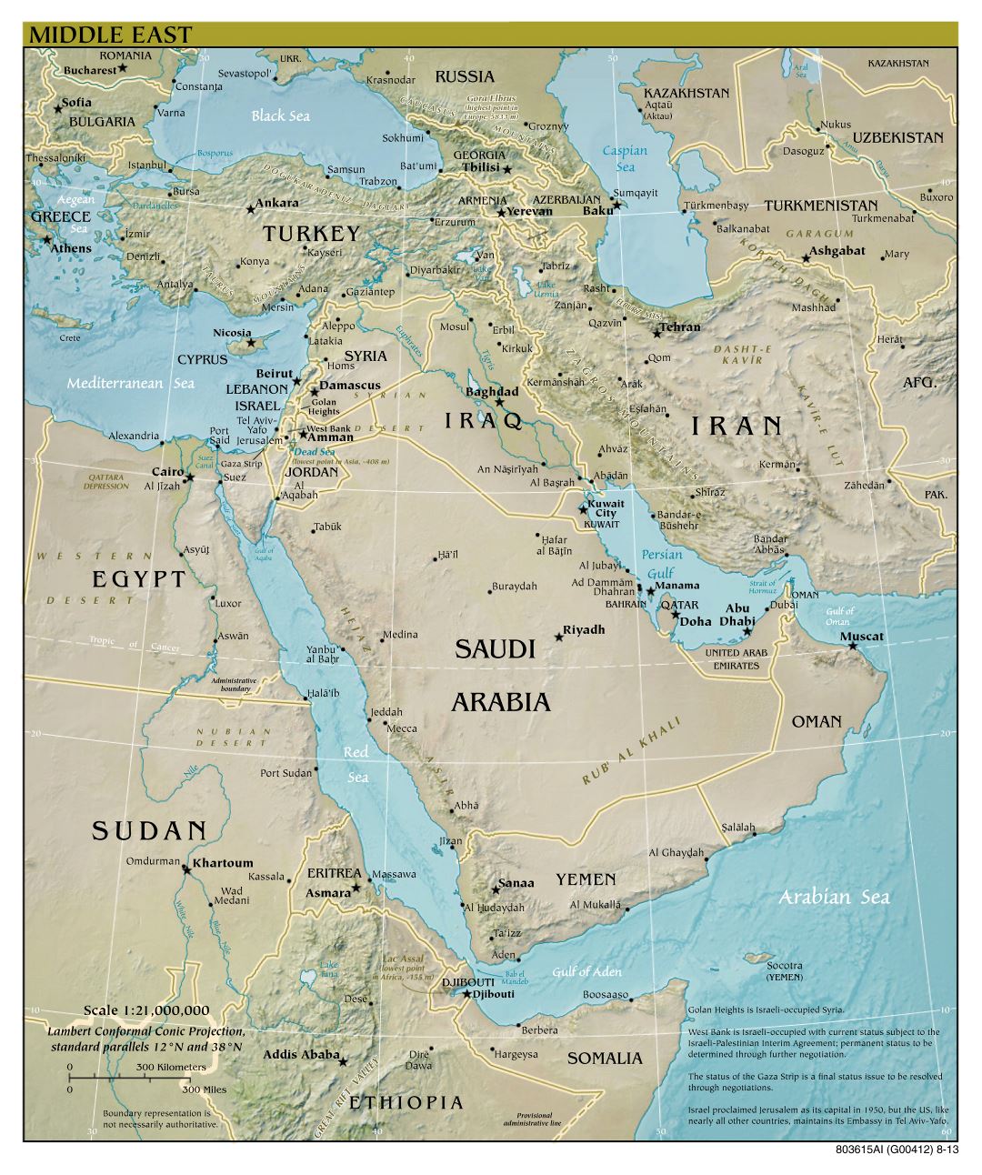Large scale political map of the Middle East with relief and major cities - 2013