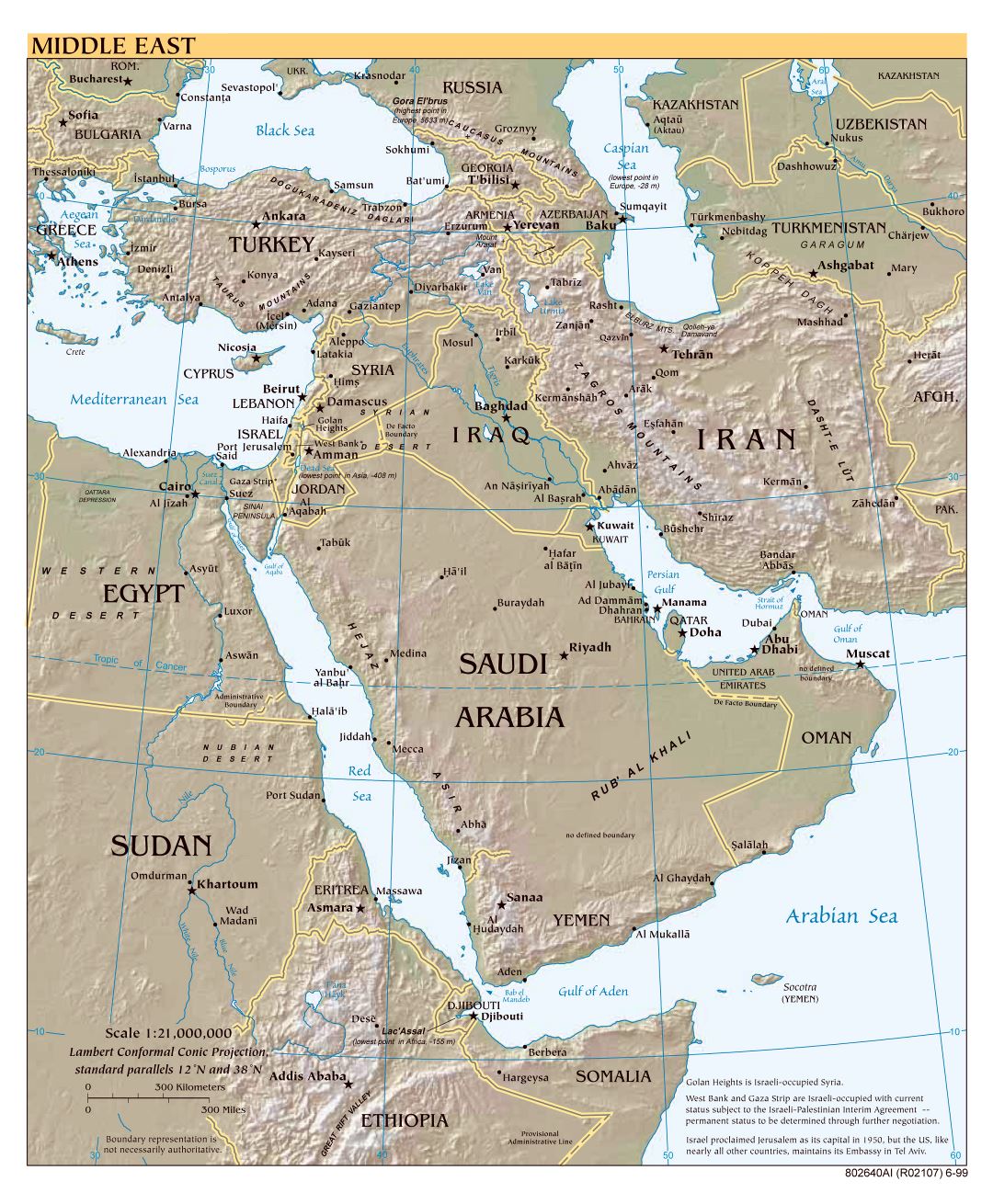 Large scale political map of the Middle East with relief, major cities and capitals - 1999