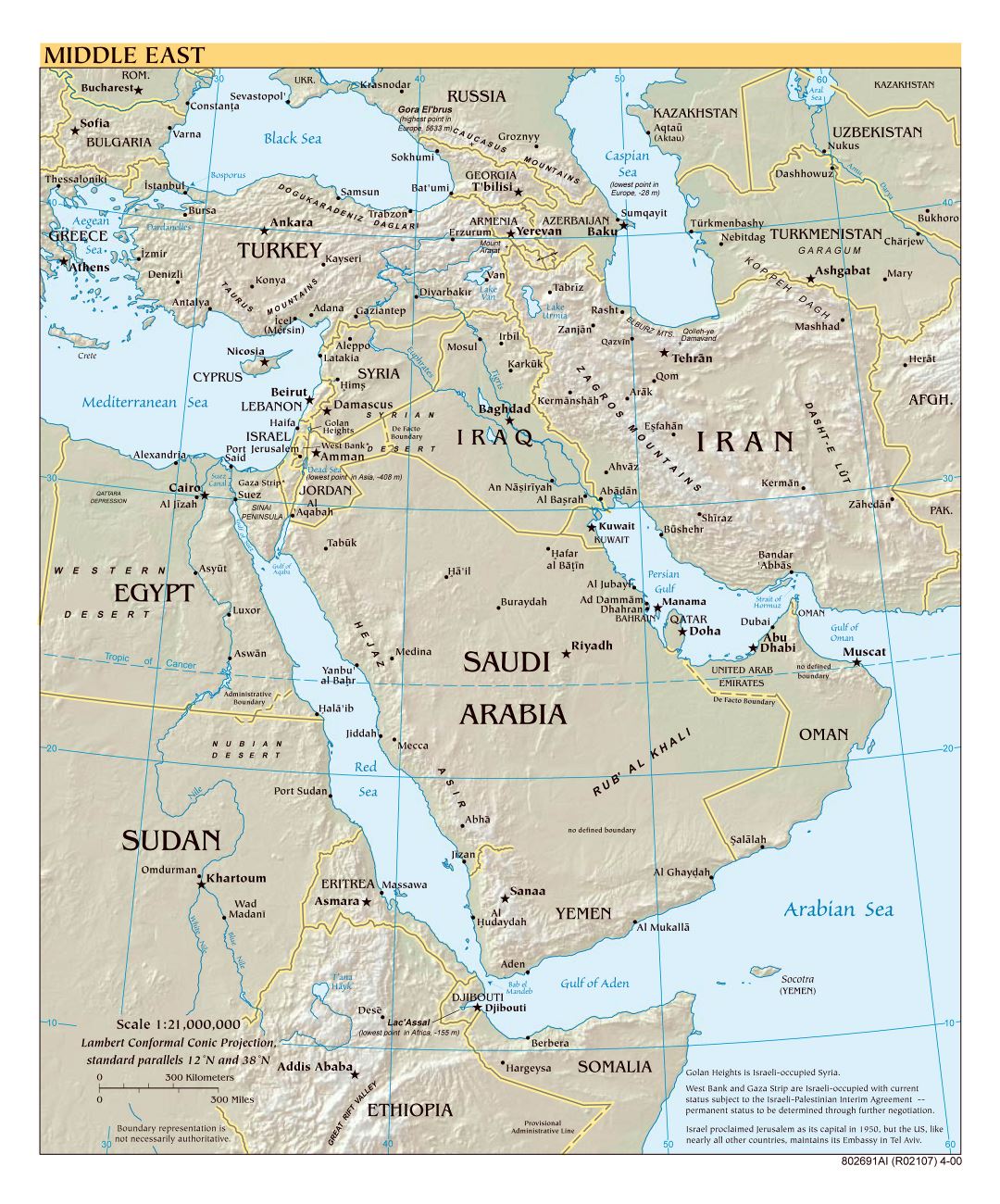 Large scale political map of the Middle East with relief, major cities and capitals - 2000