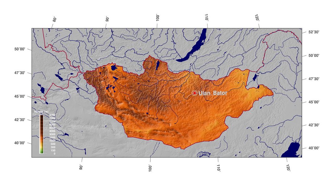 Detailed physical map of Mongolia