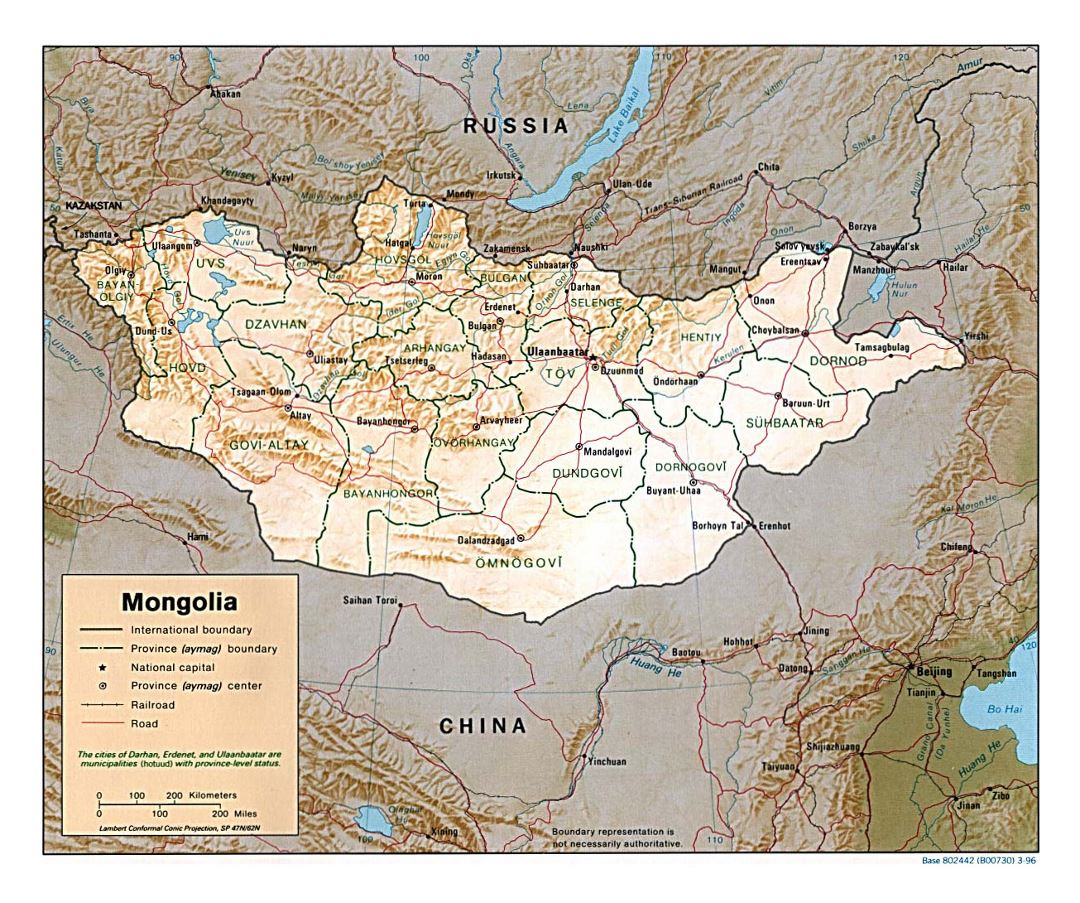Detailed political and administrative map of Mongolia with relief, roads, railroads and major cities - 1996