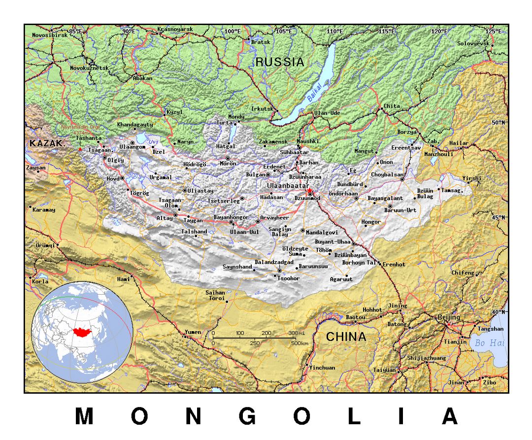 Detailed political map of Mongolia with relief