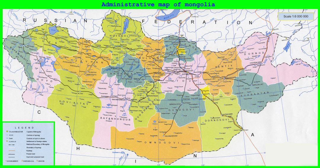 Large detailed administrative map of Mongolia with roads, railroads and cities