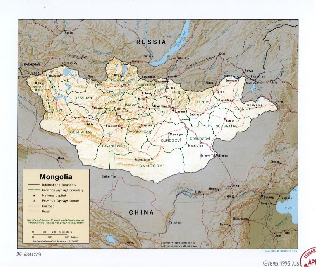 Large detailed political and administrative map of Mongolia with relief, roads, railroads and major cities - 1996