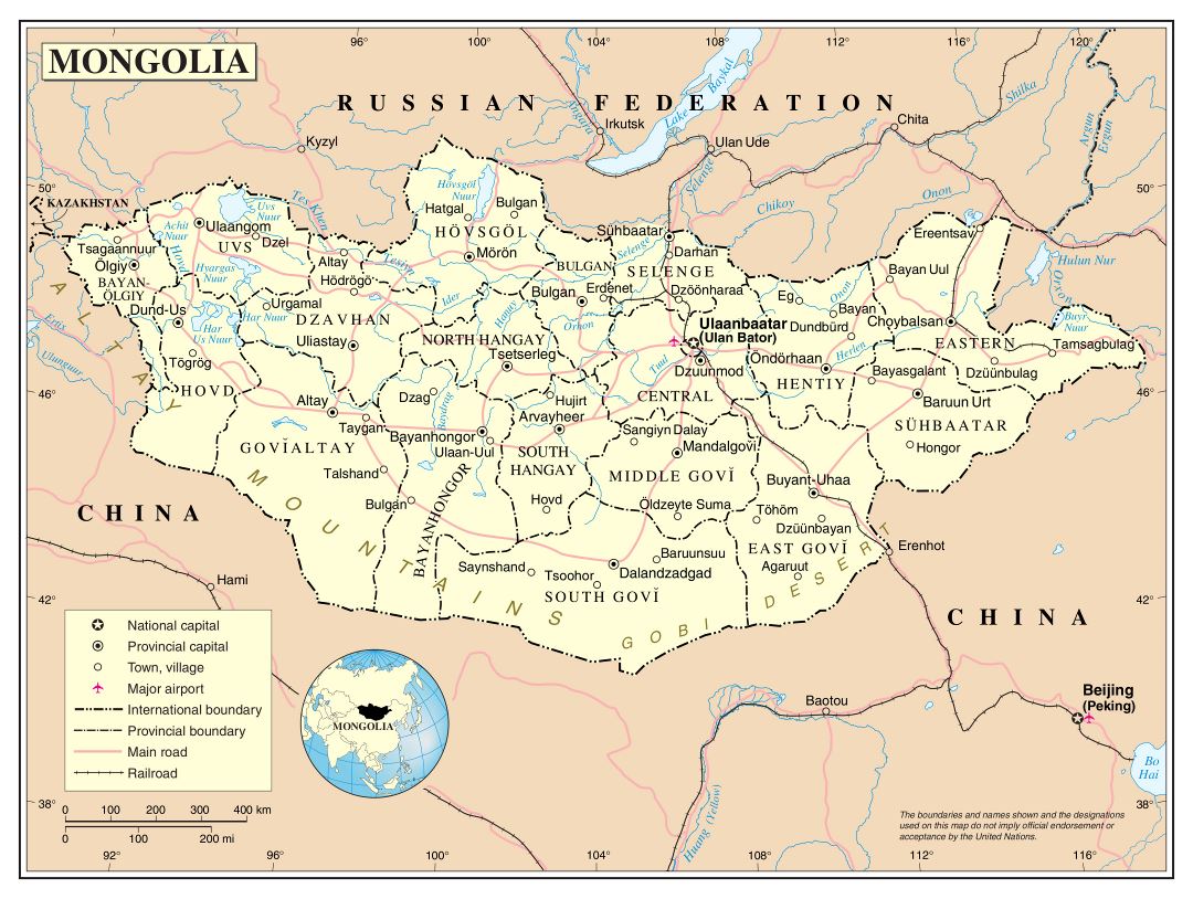 Large detailed political and administrative map of Mongolia with roads, railroads, cities and airports