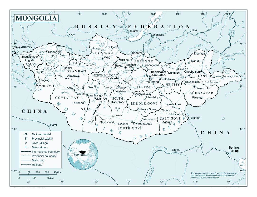 Large detailed political and administrative map of Mongolia with roads, railroads, major cities and airports