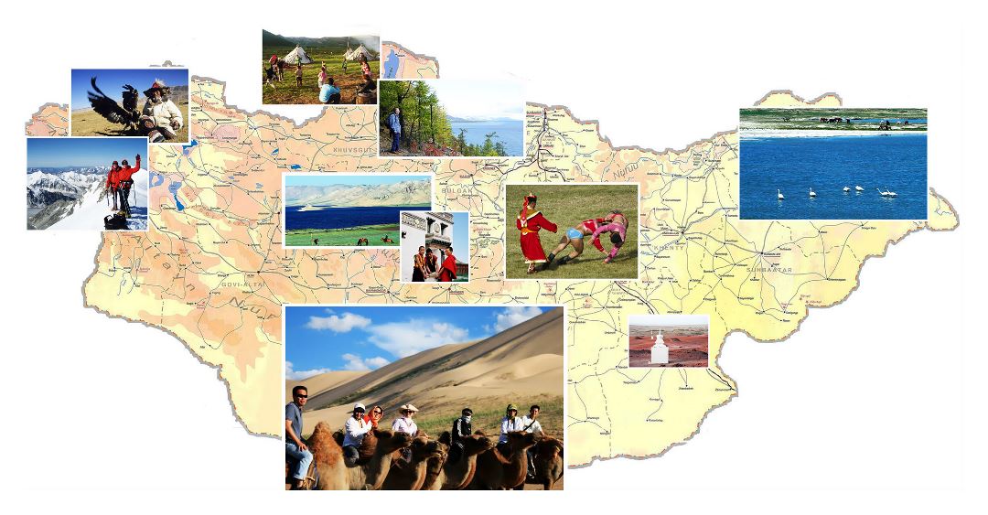 Large map of Mongolia with photos