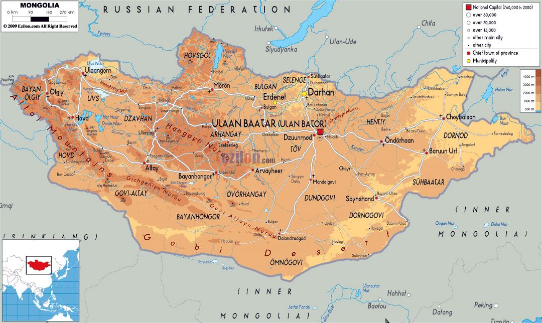 Large physical map of Mongolia with roads, cities and airports