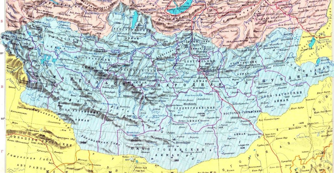 Large political and administrative map of Mongolia with relief, roads and cities in russian