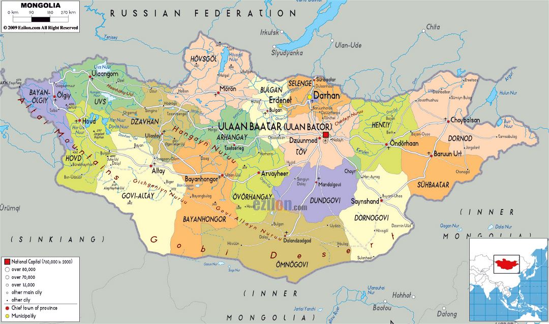 Large political and administrative map of Mongolia with roads, cities and airports