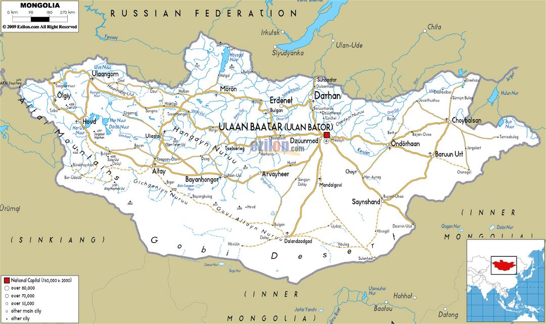 Large road map of Mongolia with cities and airports