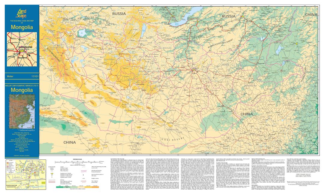 Large scale elevation map of Mongolia with all roads, cities and other marks