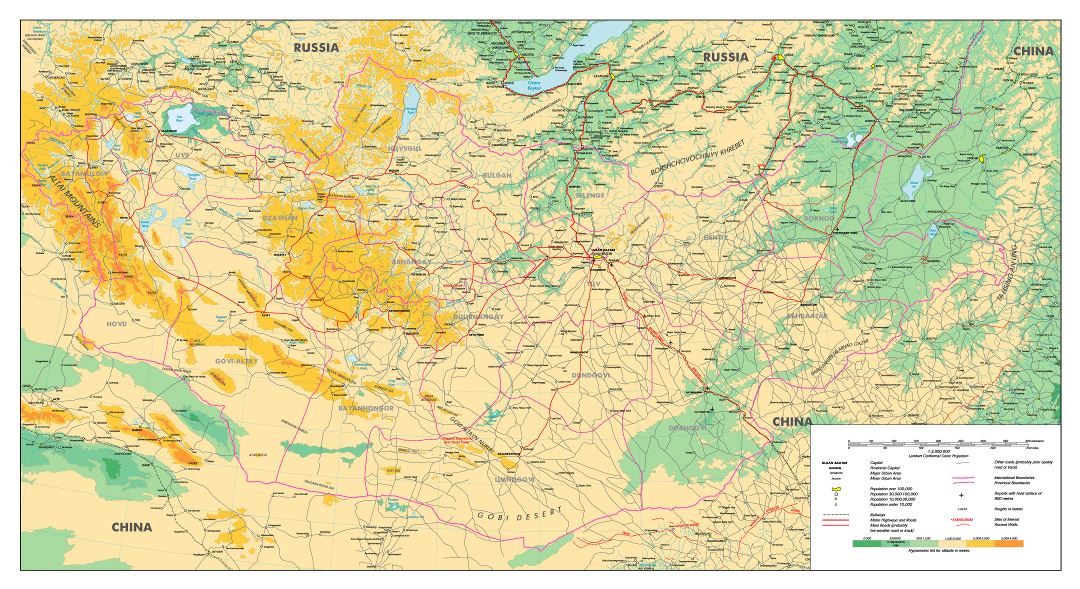 Large scale physical map of Mongolia with roads, railroads, cities and other marks