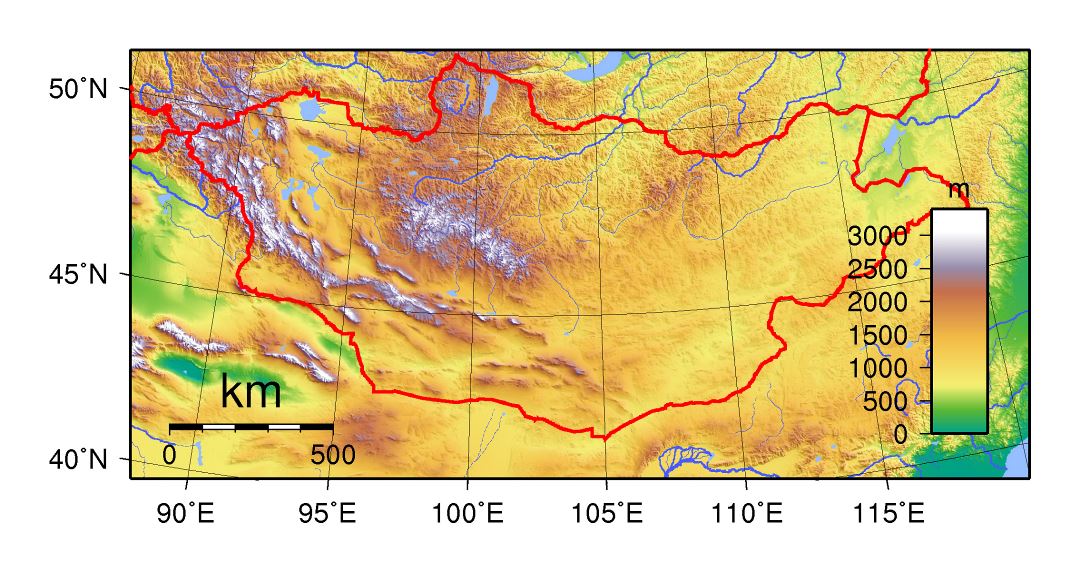 Large topographical map of Mongolia