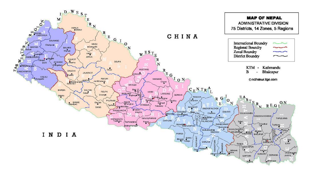 Detailed administrative divisions map of Nepal