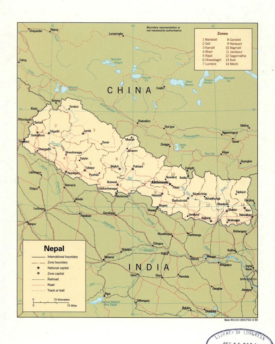 Large detailed political and administrative map of Nepal with roads, railroads and major cities - 1990