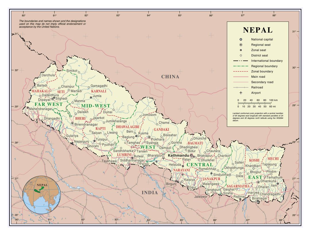 Large detailed political and administrative map of Nepal with roads, railroads, major cities and airports