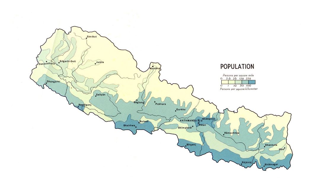 Large detailed population map of Nepal - 1968