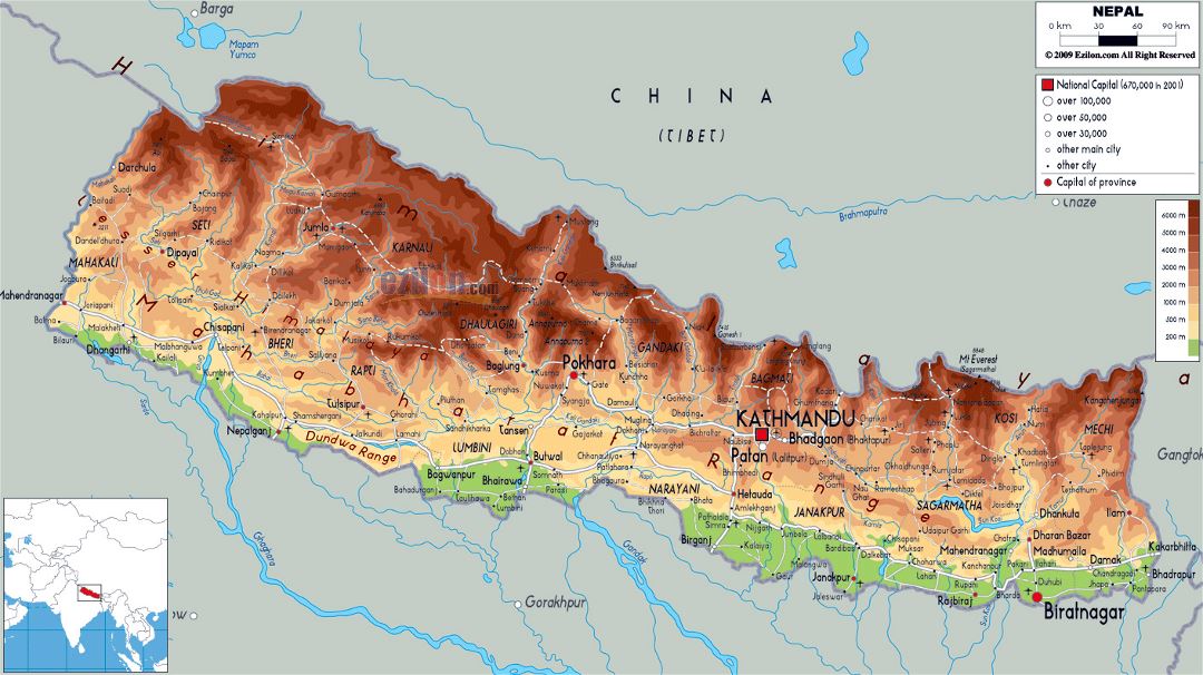 Large physical map of Nepal with roads, cities and airports