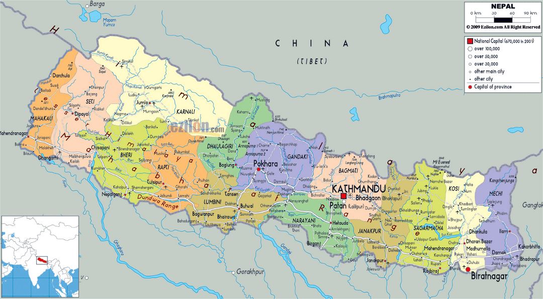 Large political and administrative map of Nepal with roads, cities and airports