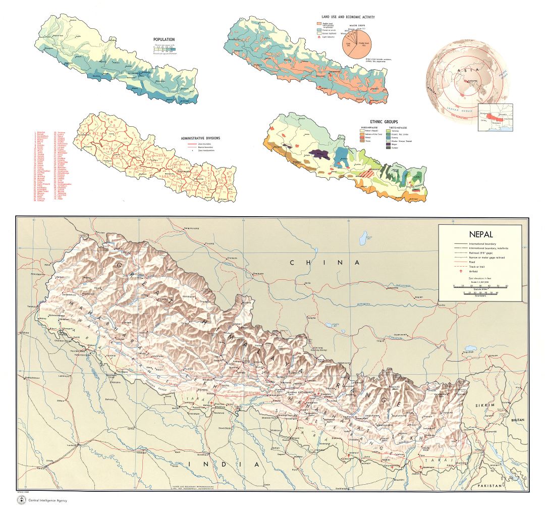 Large scale country profile map of Nepal - 1968