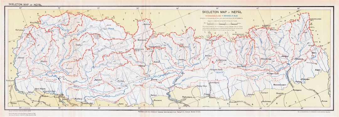 Large scale detailed old skeleton map of Nepal - 1927