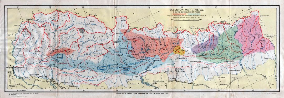 Large scale detailed old skeleton map of Nepal showing distribution of tribes - 1933