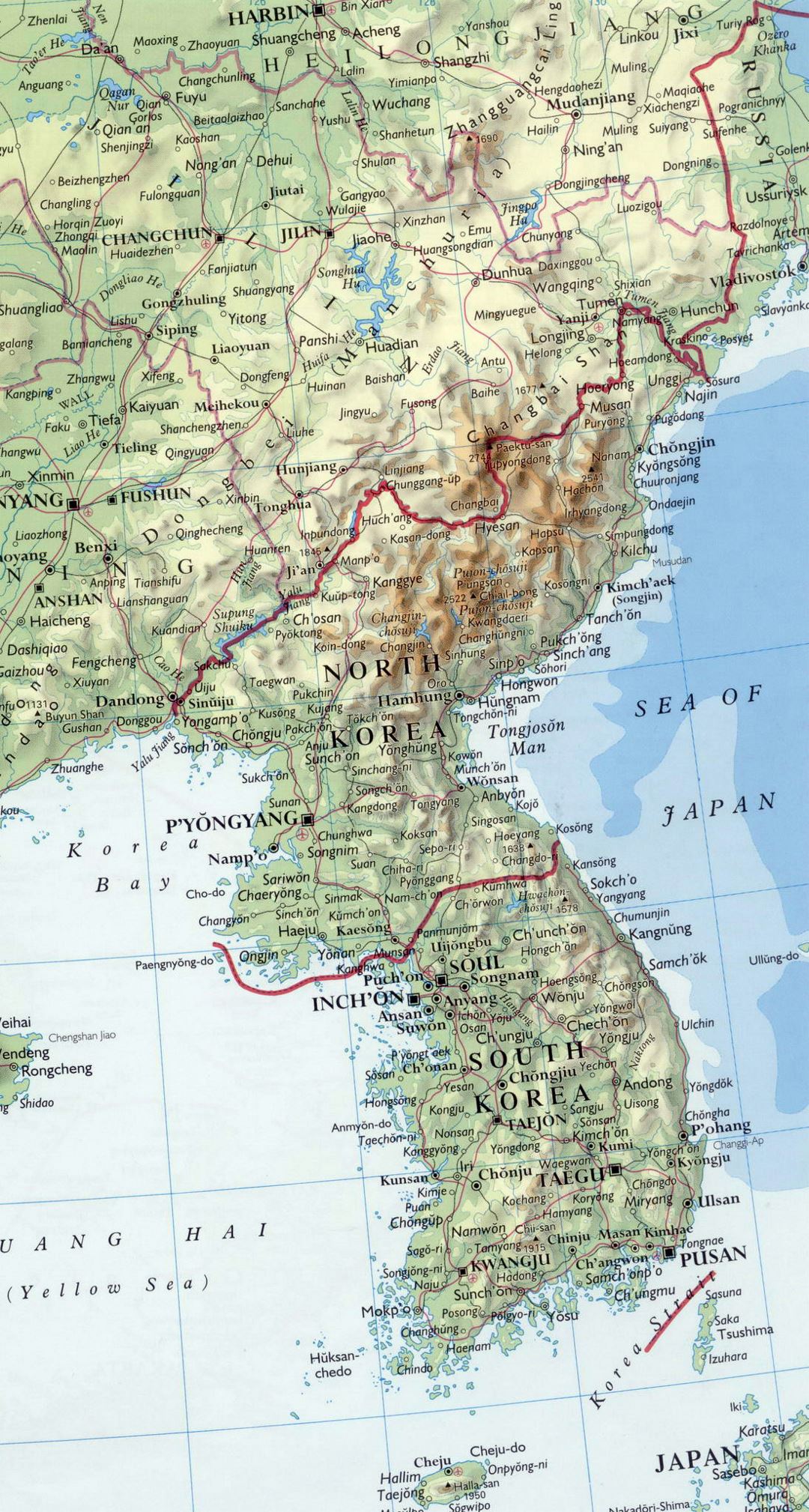 Detailed map of Korean Peninsula with relief, roads, major cities and airports