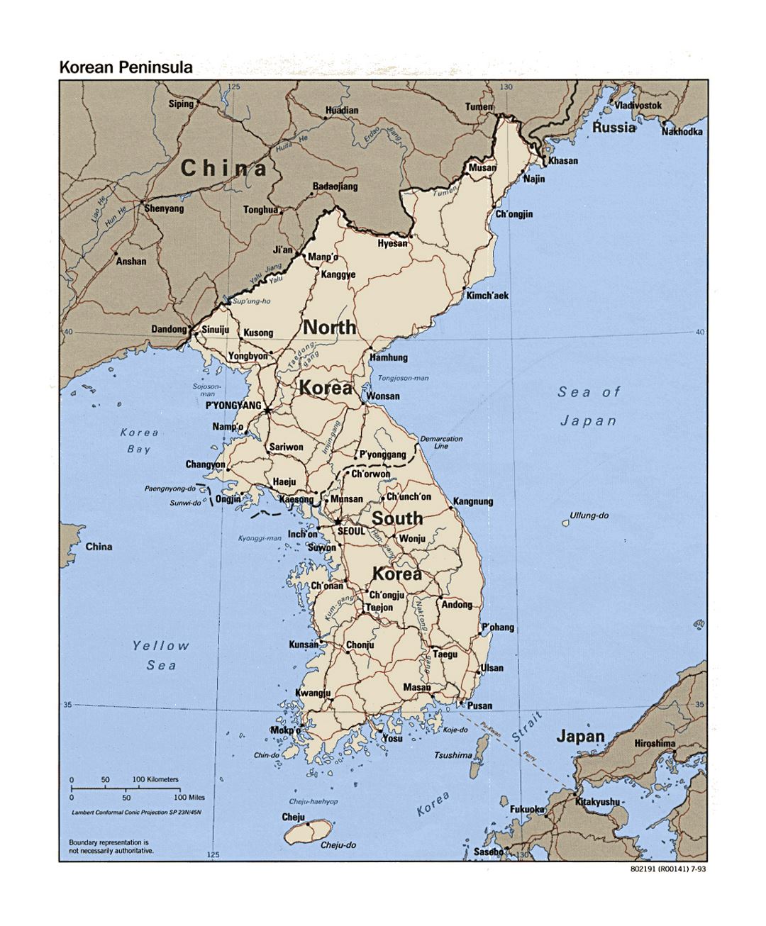Detailed political map of Korean Peninsula with roads, railroads and major cities - 1993