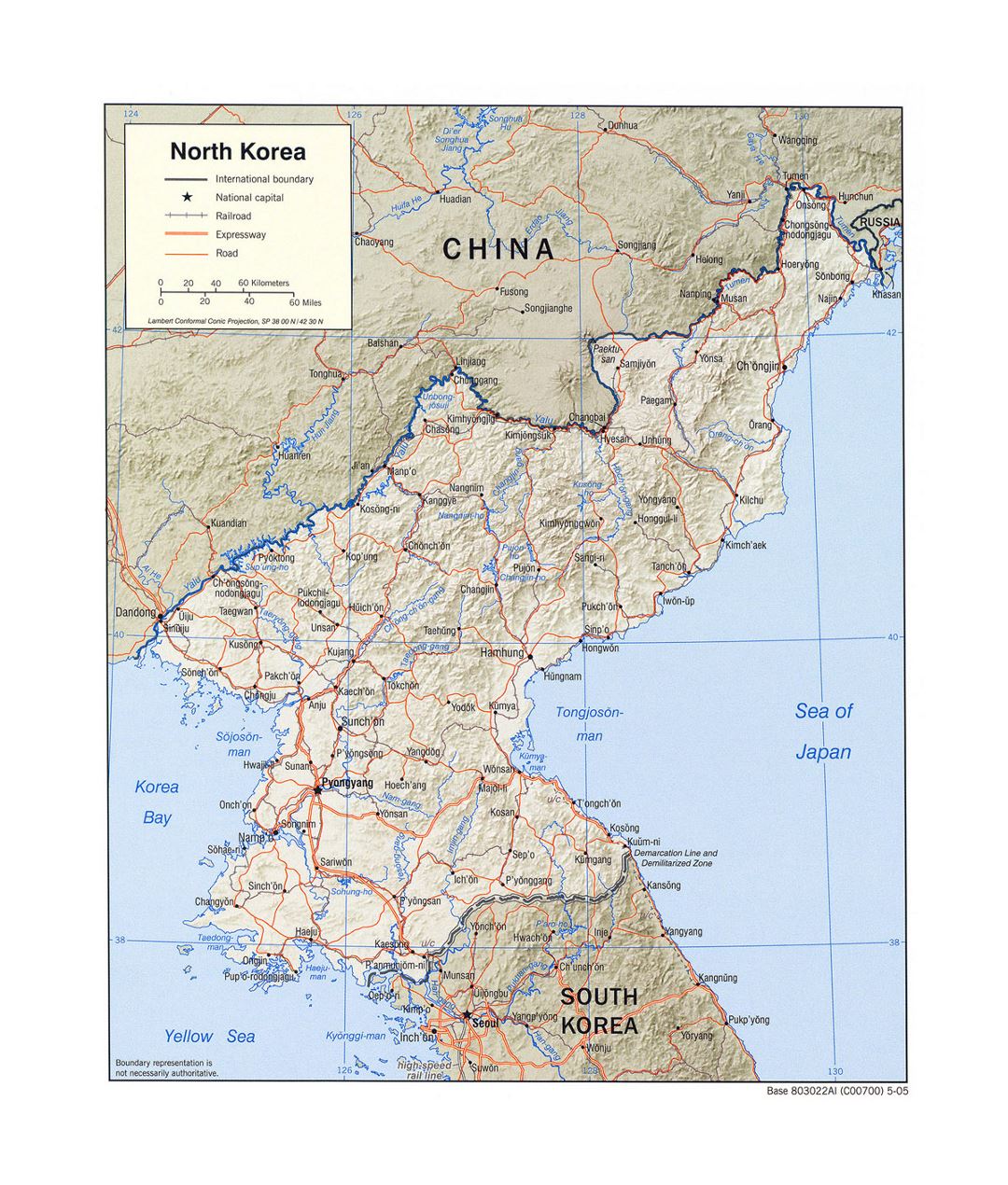 Detailed political map of North Korea with relief, roads, railroads and major cities - 2005