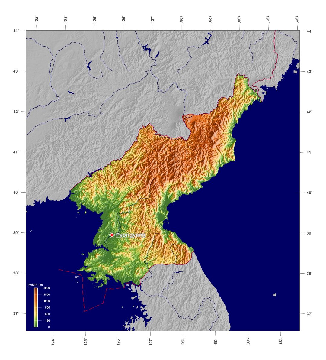 Large detailed physical map of North Korea