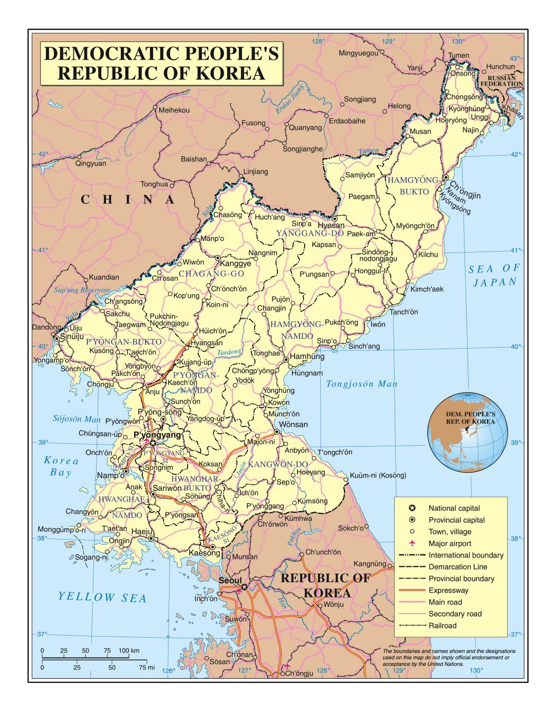 Large detailed political and administrative map of North korea (DPRK) with roads, railroads, cities and airports