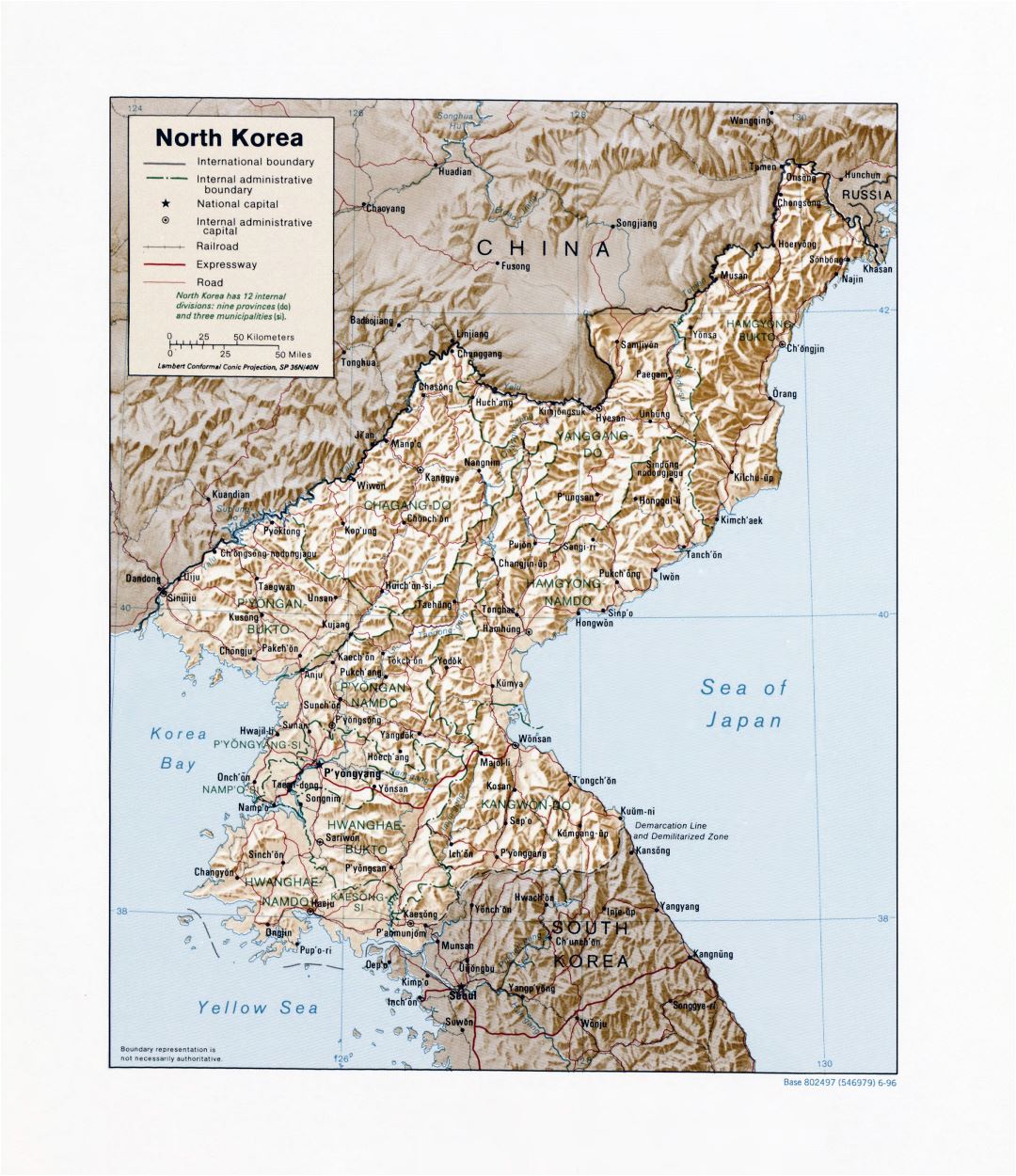 Large detailed political and administrative map of North Korea with relief, roads, railroads and major cities - 1996