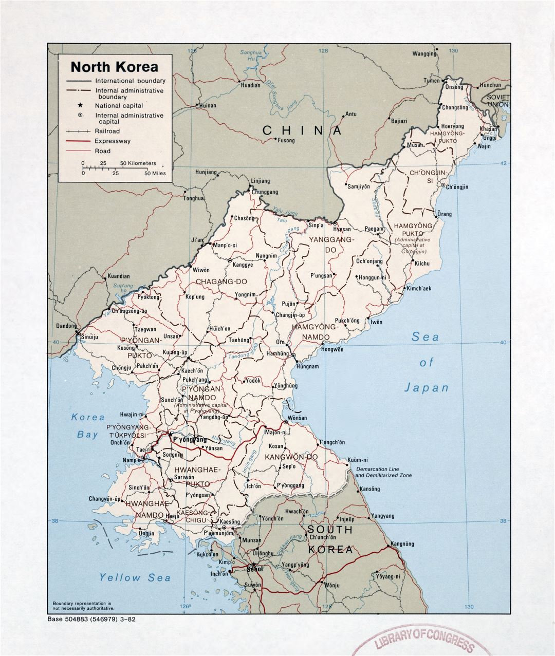 Large detailed political and administrative map of North Korea with roads, railroads and major cities - 1982