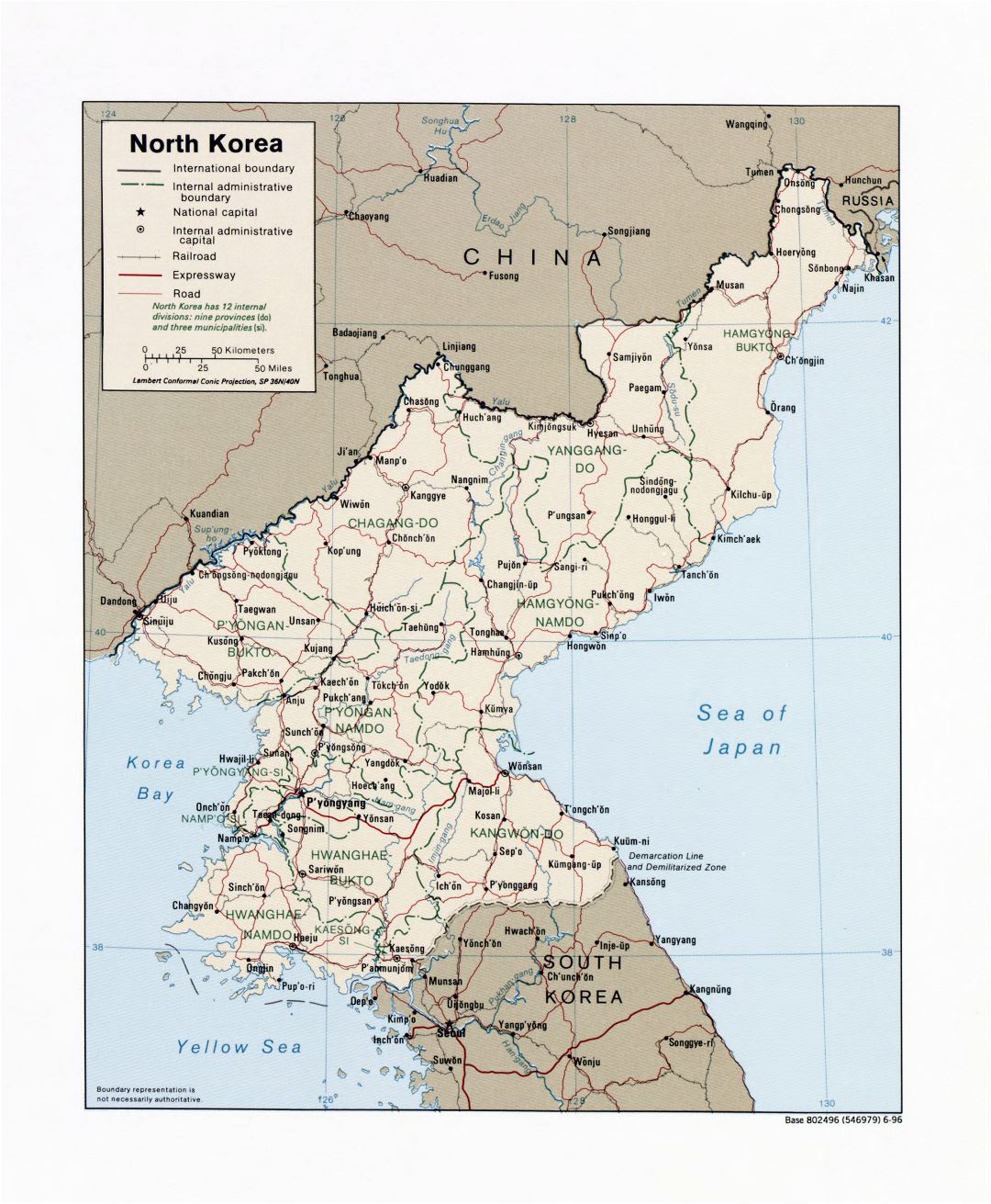 Large detailed political and administrative map of North Korea with roads, railroads and major cities - 1996