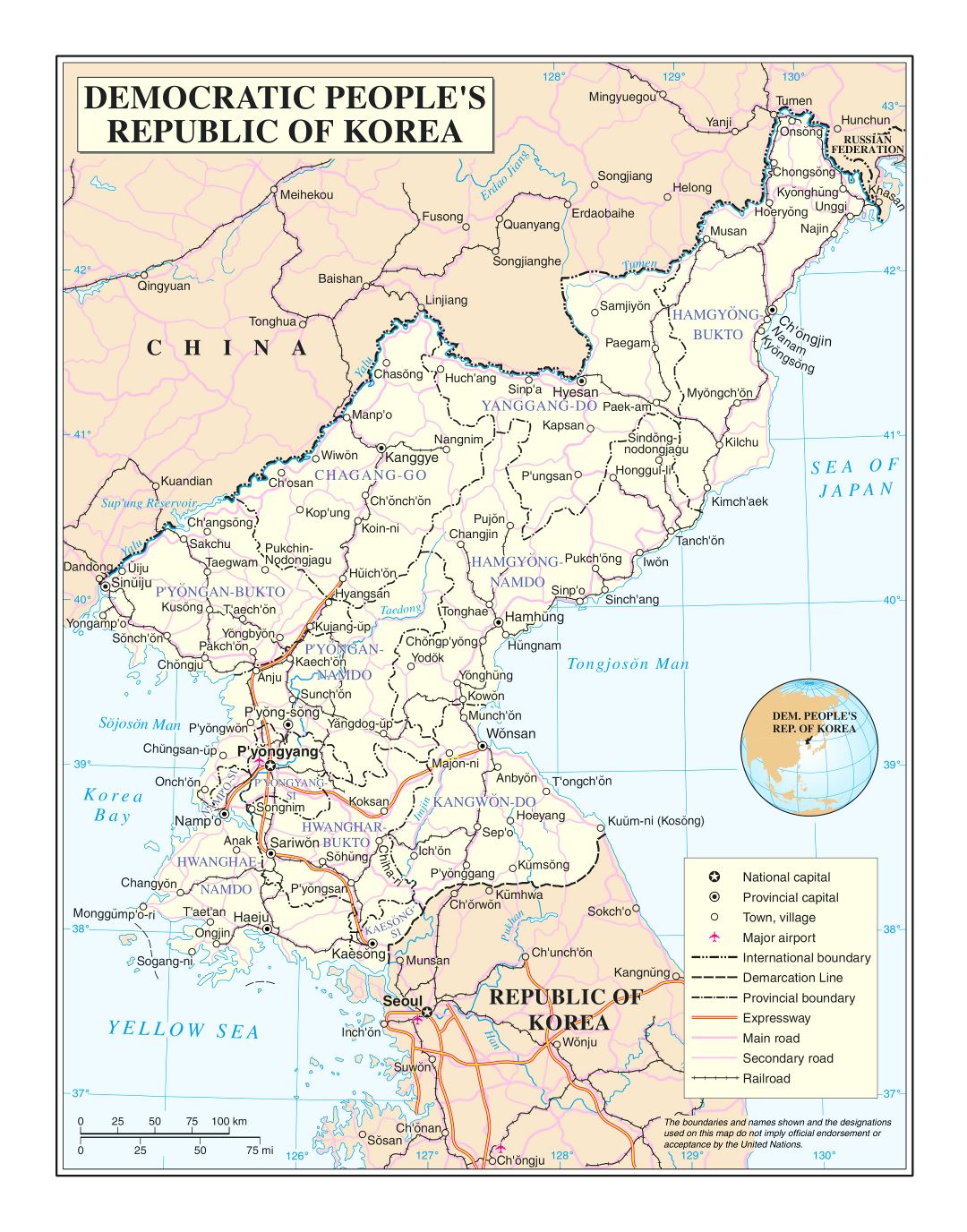 Large detailed political and administrative map of North Korea with roads, railroads, cities and airports