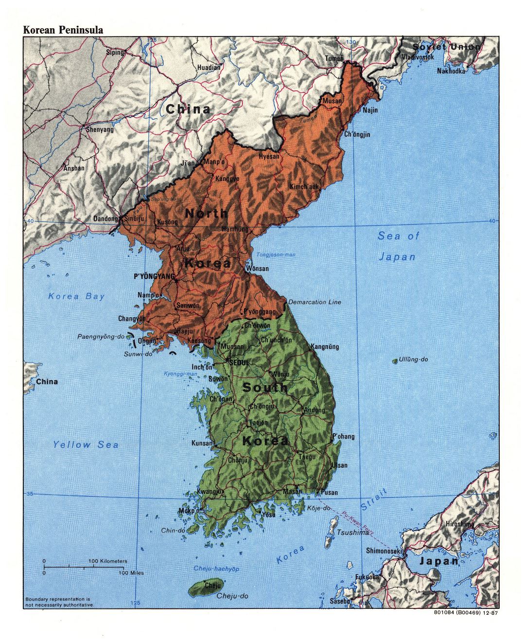 Large detailed political map of Korean Peninsula with relief, roads, railroads and major cities - 1987