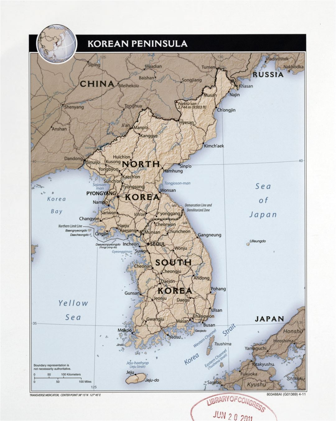 Large detailed political map of Korean Peninsula with relief, roads, railroads and major cities - 2011