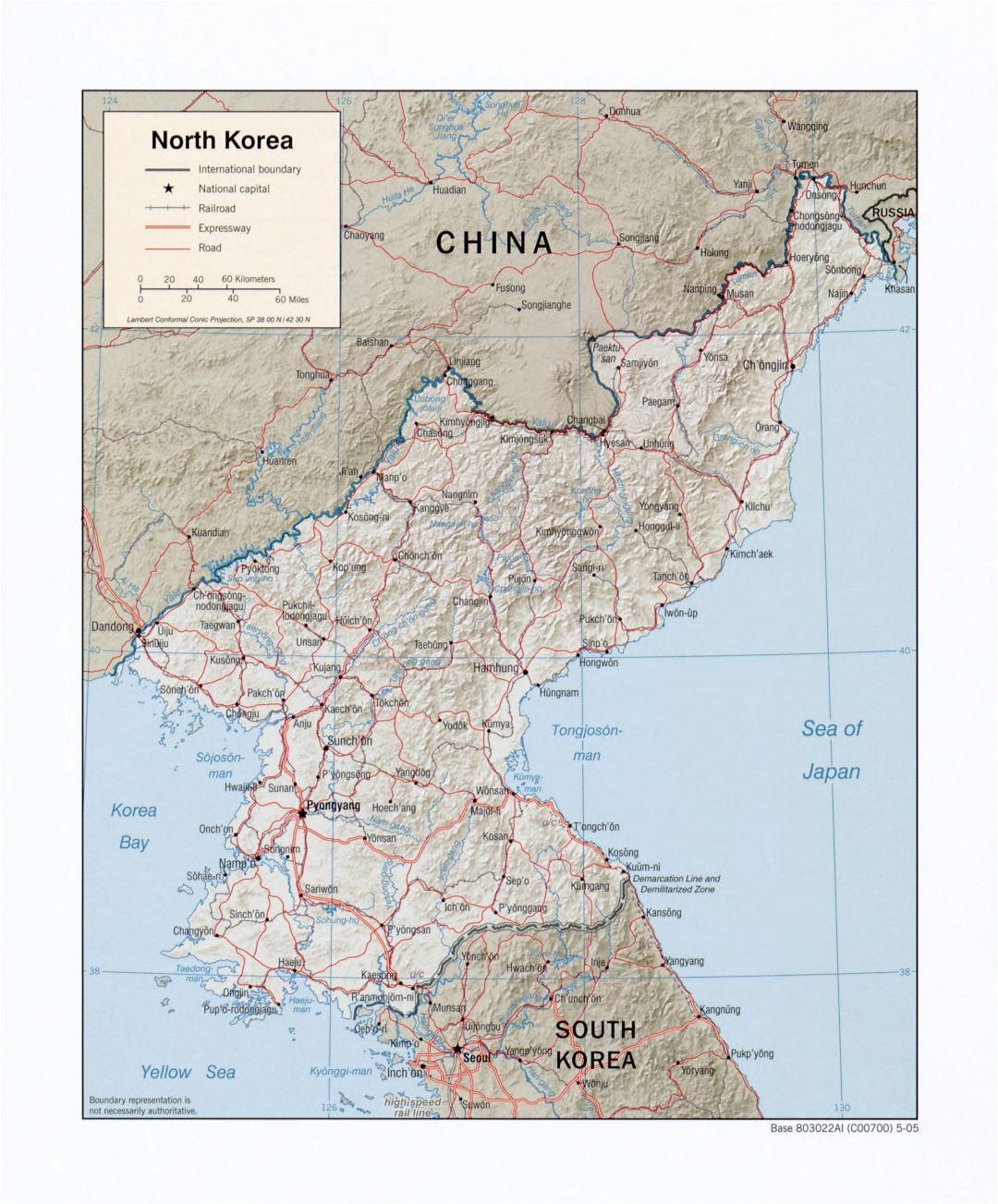 Large detailed political map of North Korea with relief, roads, railroads and major cities - 2005