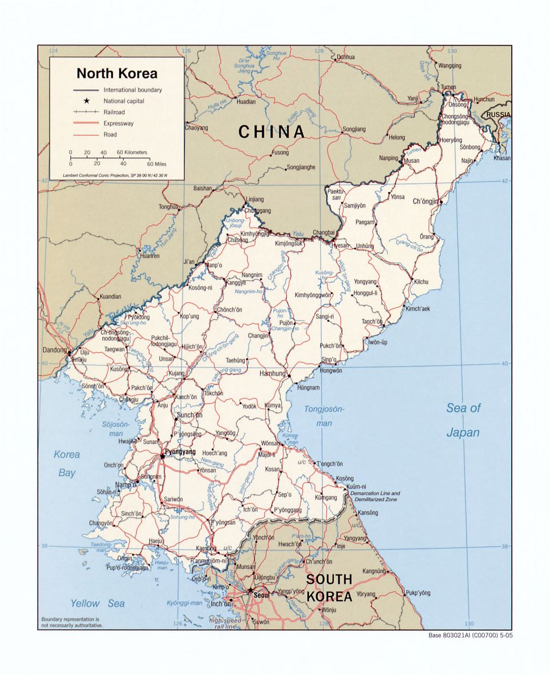 Large detailed political map of North Korea with roads, railroads and major cities - 2005