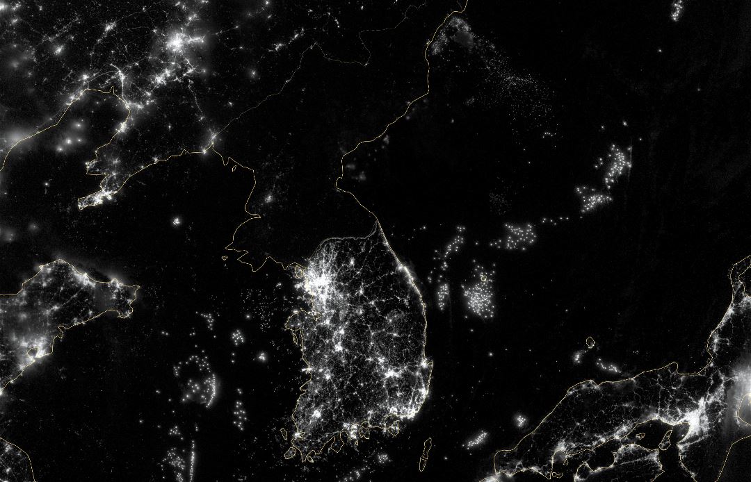 Large detailed satellite map of North Korea at night
