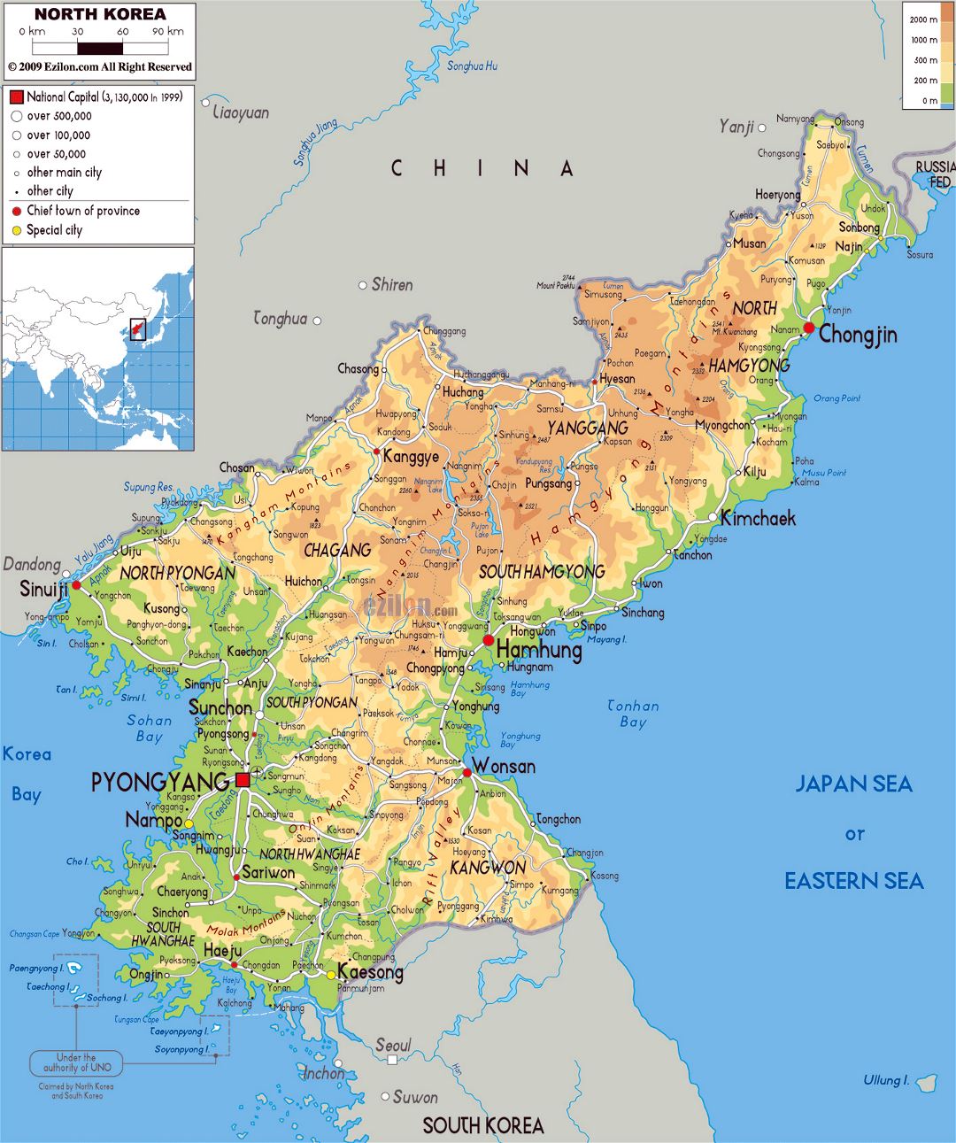 Large physical map of North Korea with roads, cities and airports