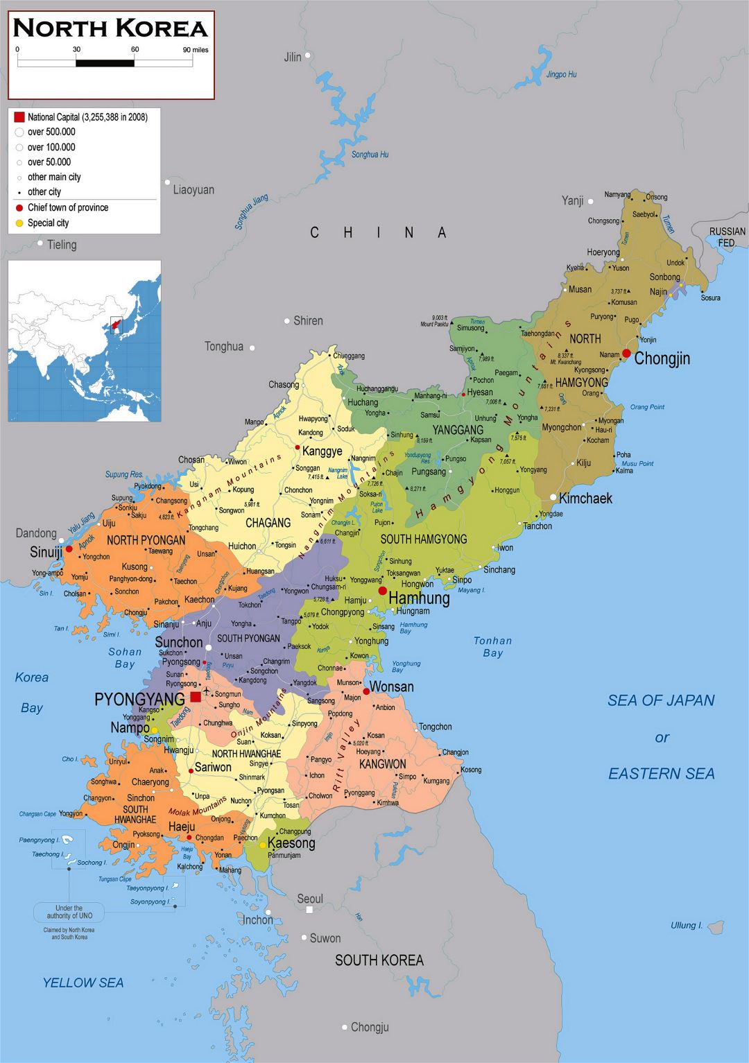 Large political and administrative map of North Korea (DPRK) with roads, airports and cities